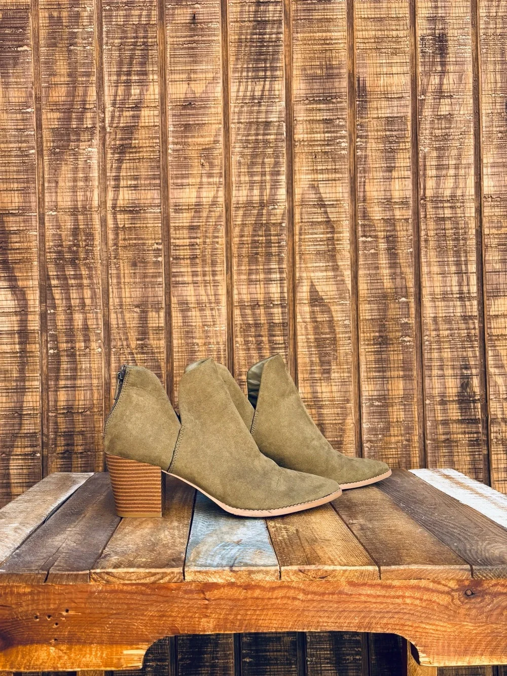 Sun + Stone Olive Green Suede Ankle Boots